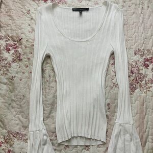 White House Black Market White Ribbed Blouse with Bell Sleeves
